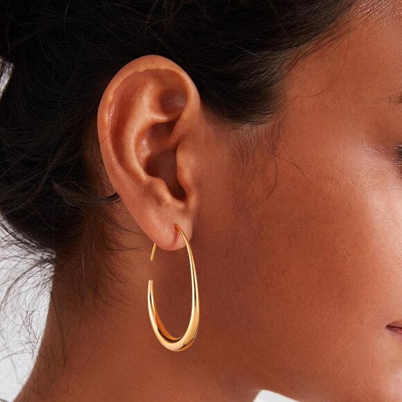 ✨Women Gold Teardrop Hoop Earrings Gold Plated Oval Pull Drop Hoop Earrings - Picture 2 of 6